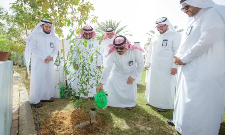 يتجمع مجموعة من الرجال مرتدين الغترة أو الشماغ السعودي والعقال والبشت السعودي في الهواء الطلق، حيث يقوم أحدهم بسقي شتلة باستخدام كاسر ري أخضر، دعمًا منها لاتشجير التي مهمة إلى قطعة القصيم الأخضر، وذلك في يوم مشمس ضمن فعاليات جامعة القصيم.