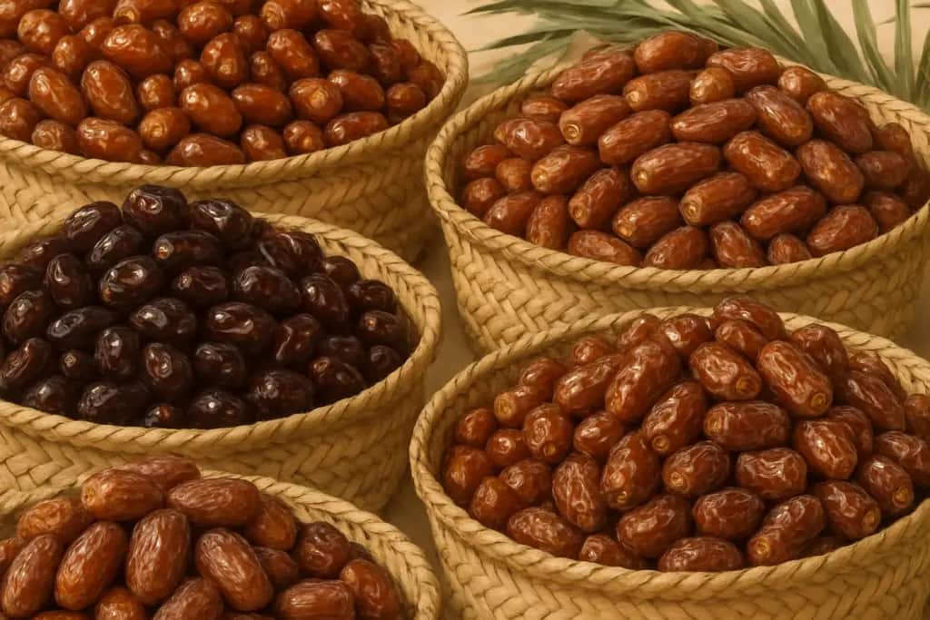تحتوي على خمسة سلالات منسوجة بعناية، كل منها على أنواع مختلفة من التمور، إلى جانب بعضها البعض في صورة متجانسة. وتبرز في الخلفية سعفة نخيل تشير إلى مصدر هذه التمور&mdash;اكتشف منطقة القصيم واختبر تراثها العريق في إنتاج التمور.