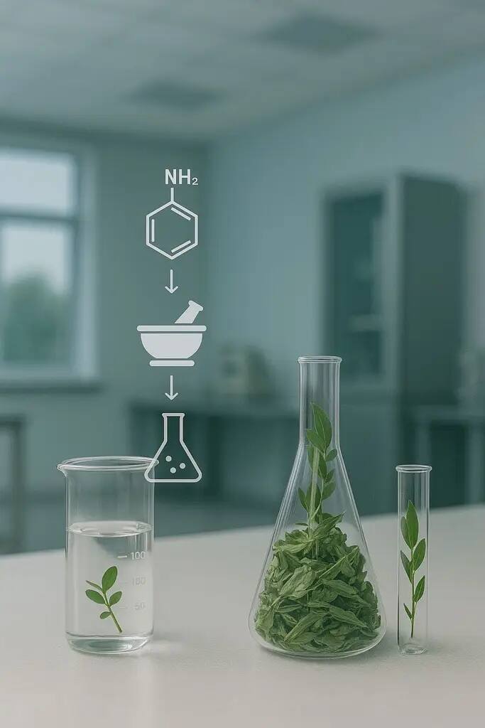 On the lab table is a beaker containing a clear liquid, a conical flask with green plant leaves inside, and a test tube with a leafy plant stem. These items are topped with illustrations highlighting medicinal chemistry, symbolizing the role of plants in chemistry and pharmacology.
