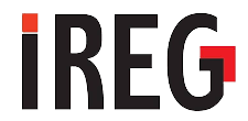 شعار عصر النهضة "IREG" بحروف بارزة باللون الأسود، مع تمييز مربع "I" باللون الأحمر الصغير في ما فوق، تم تصميم الإطار العلوي من الزجاج الأمامي للحرف "G".