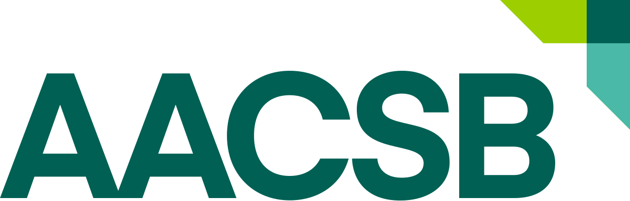 The AACSB logo in green and blue symbolizes the accreditation of the College of Economics at Qassim University.