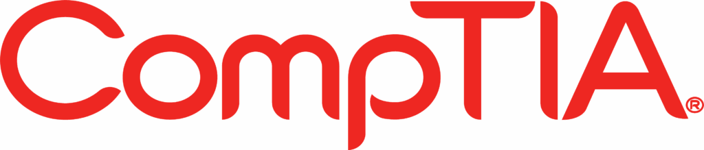 تُظهر شعار شعار الصورة CompTIA، حيث يظهر اسم CompTIA مكتوبًا بأحرف بارزة باللون الأحمر على شفافة ويُعد هذا الشعار معتمدًا ومعروفًا في العديد من مراكز التدريب ذات الدورات والشهادات الاحترافية بما في ذلك جامعة القصيم.