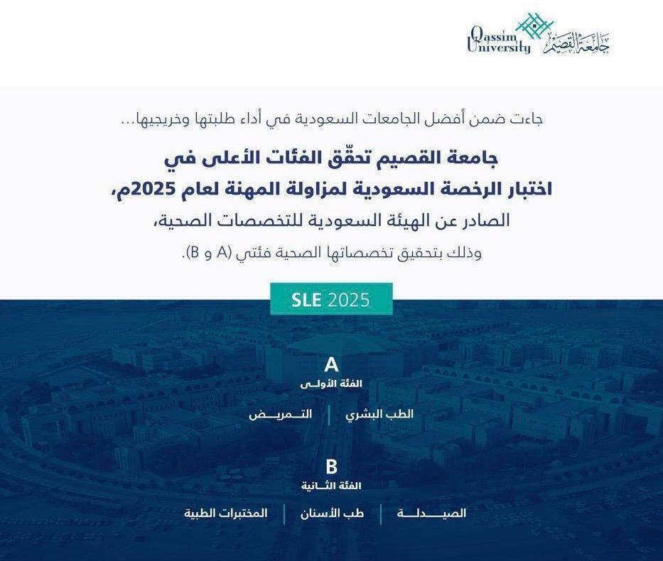 إعلان رسمي من كلية التمريض بجامعة القصيم يبارك تصدر اختبار الرخصة السعودية 2025.