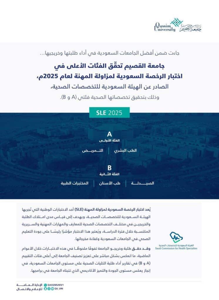 إعلان رسمي من جامعة القصيم يبارك تفوقها الوطني في اختبار المهنة لعام 2025.