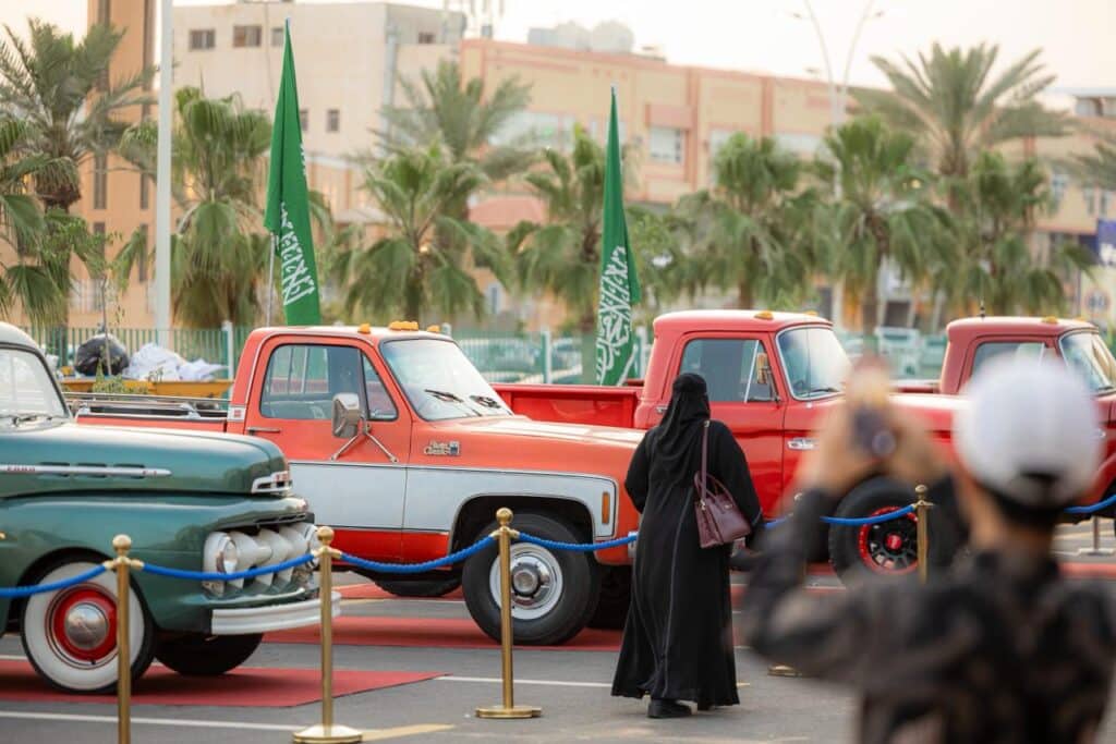 Display of heritage trucks at the Peoples' Festival at Qassim University as part of Saudi cultural events.