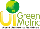 شعارات تعتمد الجامعات العالمية UI GreenMetric، بما في ذلك مجسم اللون الأخضر والأصفر فوق الحروف الإنجليزية "UI"، وتعلو عبارة "Green Metric" و"تصنيفات الجامعات العالمية".