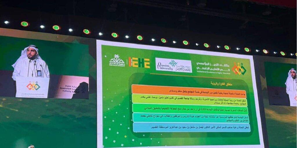 A speaker giving a formal presentation at an academic conference at Qassim University with Arabic text and the conference logo in the background.
